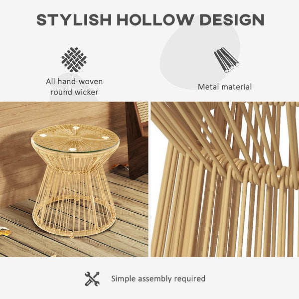 Outdoor Coffee Table, Round PE Rattan Side Table with Tempered Glass Table Top, Hollow Drum Design for Garden, Balcony, Patio, Natural