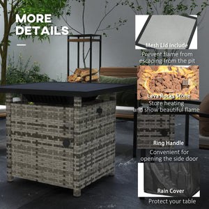 28.5in Outdoor Rattan Propane Fire Pit Table, 50,000 BTU Pulse-Ignition Wicker Fire Table with Glass Wind Guard, Volcanic Rock, Rain Cover, CSA Certification, Mixed Grey