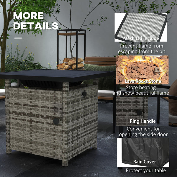 28.5in Outdoor Rattan Propane Fire Pit Table, 50,000 BTU Pulse-Ignition Wicker Fire Table with Glass Wind Guard, Volcanic Rock, Rain Cover, CSA Certification, Mixed Grey