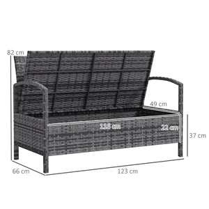 Garden Storage Bench with 125L Capacity, 2 Seater PE Rattan Garden Bench with Storage, Cushion, Wicker Outdoor Bench Loveseat with Steel Frame for Patio, Grey