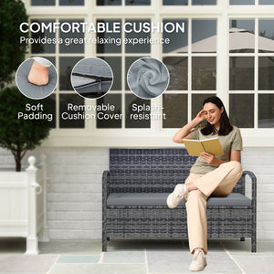 Garden Storage Bench with 125L Capacity, 2 Seater PE Rattan Garden Bench with Storage, Cushion, Wicker Outdoor Bench Loveseat with Steel Frame for Patio, Grey