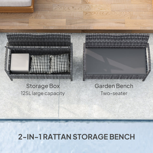 Garden Storage Bench with 125L Capacity, 2 Seater PE Rattan Garden Bench with Storage, Cushion, Wicker Outdoor Bench Loveseat with Steel Frame for Patio, Grey