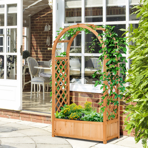 Raised Garden Bed with Arch Trellis, Freestanding Garden Planter Box, Outdoor Planter Container for Vine Climbing Plant Flower Herb, Brown
