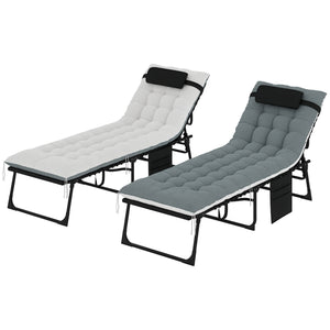 Folding Outdoor Lounge Chair Set of 2, 5-Position Reclining Patio Chaise Lounge Chairs, Tanning Chair with Cushion, Headrest, Side Pocket for Beach, Poolside, Black/Grey