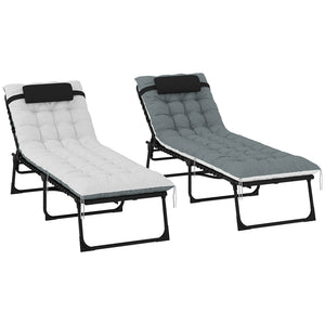 Folding Outdoor Lounge Chair Set of 2, 5-Position Reclining Patio Chaise Lounge Chairs, Tanning Chair with Cushion, Headrest, Side Pocket for Beach, Poolside, Black/Grey