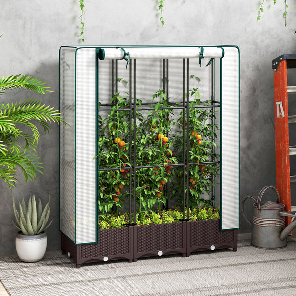 Raised Garden Bed with Trellis, Outdoor Planter Box with PE Greenhouse Cover, Drainage Holes and Zipper Door for Patio, Backyard, Balcony, 47 x 16 x 50 inch, Brown