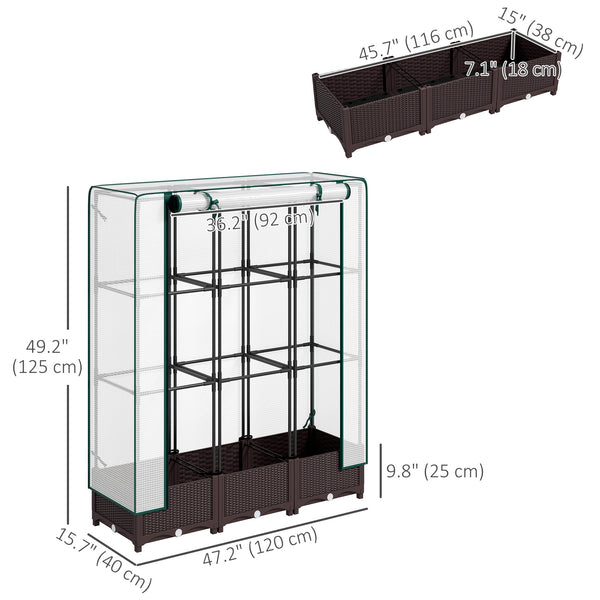 Raised Garden Bed with Trellis, Outdoor Planter Box with PE Greenhouse Cover, Drainage Holes and Zipper Door for Patio, Backyard, Balcony, 47 x 16 x 50 inch, Brown