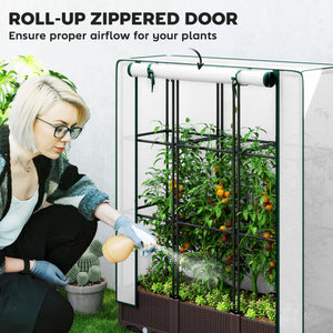Raised Garden Bed with Trellis, Outdoor Planter Box with PE Greenhouse Cover, Drainage Holes and Zipper Door for Patio, Backyard, Balcony, 47 x 16 x 50 inch, Brown