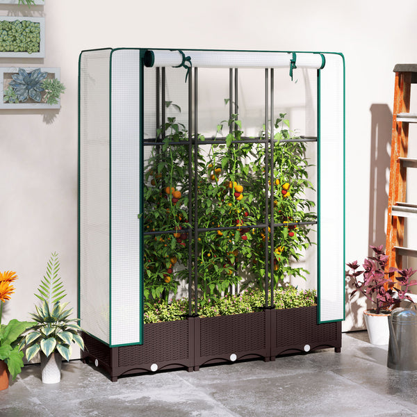 Raised Garden Bed with Trellis, Outdoor Planter Box with PE Greenhouse Cover, Drainage Holes and Zipper Door for Patio, Backyard, Balcony, 47 x 16 x 50 inch, Brown