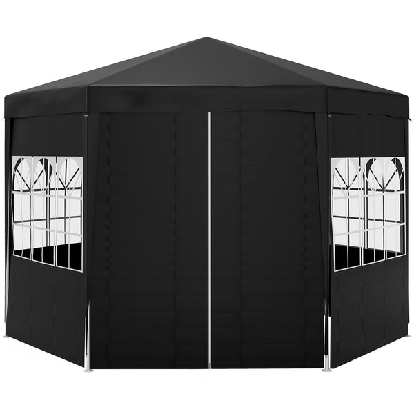 4m Hexagonal Gazebo Canopy Party Tent with 6 Removable Side Walls for Outdoor Event with Windows and Doors, Black