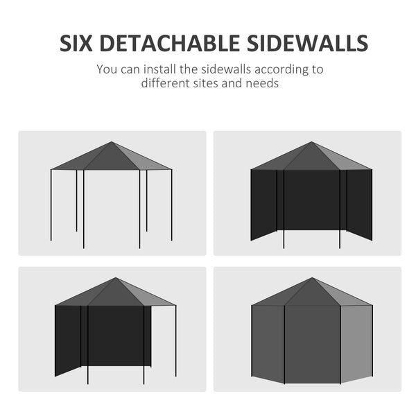 4m Hexagonal Gazebo Canopy Party Tent with 6 Removable Side Walls for Outdoor Event with Windows and Doors, Black