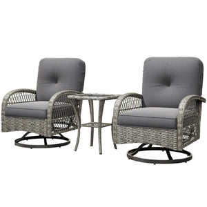 3 Pieces Wicker Patio Furniture Set, Rattan Bistro Set with 2 Swivel Rocking Chairs, 2-Tier Glass Coffee Table, Washable Seat Cushions for Porch, Balcony, Garden, Grey