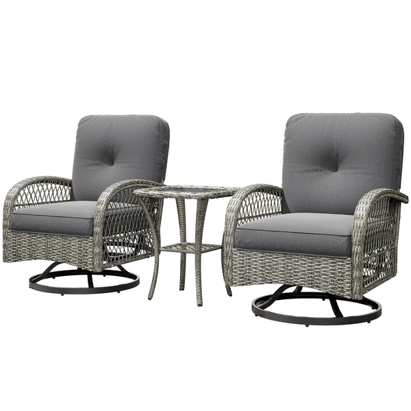 3 Pieces Wicker Patio Furniture Set, Rattan Bistro Set with 2 Swivel Rocking Chairs, 2-Tier Glass Coffee Table, Washable Seat Cushions for Porch, Balcony, Garden, Grey