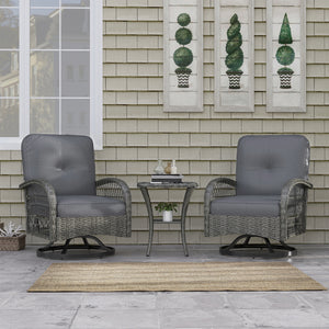 3 Pieces Wicker Patio Furniture Set, Rattan Bistro Set with 2 Swivel Rocking Chairs, 2-Tier Glass Coffee Table, Washable Seat Cushions for Porch, Balcony, Garden, Grey