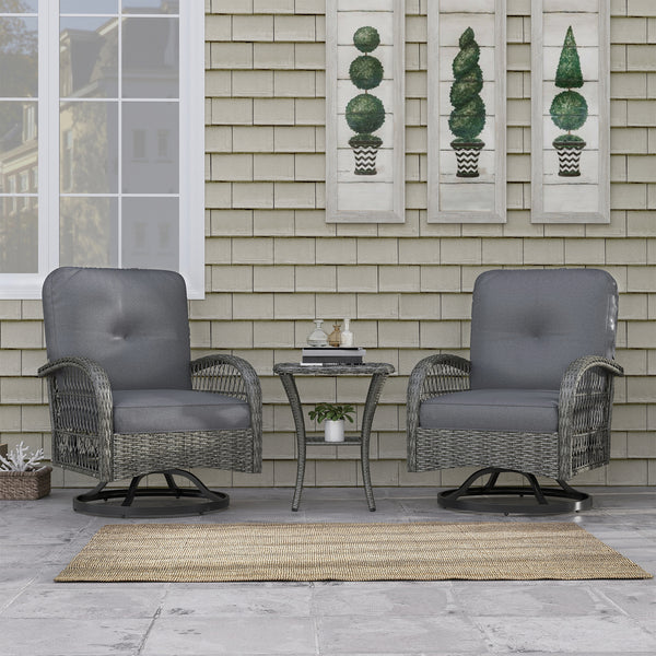 3 Pieces Wicker Patio Furniture Set, Rattan Bistro Set with 2 Swivel Rocking Chairs, 2-Tier Glass Coffee Table, Washable Seat Cushions for Porch, Balcony, Garden, Grey