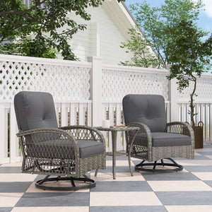 3 Pieces Wicker Patio Furniture Set, Rattan Bistro Set with 2 Swivel Rocking Chairs, 2-Tier Glass Coffee Table, Washable Seat Cushions for Porch, Balcony, Garden, Grey