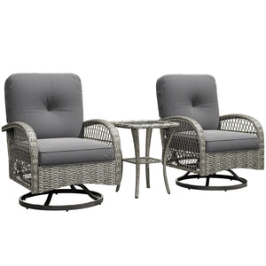 3 Pieces Wicker Patio Furniture Set, Rattan Bistro Set with 2 Swivel Rocking Chairs, 2-Tier Glass Coffee Table, Washable Seat Cushions for Porch, Balcony, Garden, Grey