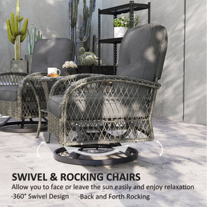 3 Pieces Wicker Patio Furniture Set, Rattan Bistro Set with 2 Swivel Rocking Chairs, 2-Tier Glass Coffee Table, Washable Seat Cushions for Porch, Balcony, Garden, Grey