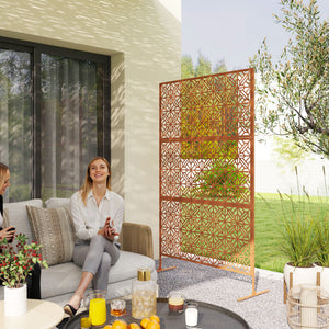 Metal Outdoor Privacy Screen, 78"H x 48"W Decorative Outdoor Divider with Stand, Freestanding Privacy Panel with Diamond Hollow Design for Garden, Patio, Backyard, Brown