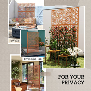 Metal Outdoor Privacy Screen, 78"H x 48"W Decorative Outdoor Divider with Stand, Freestanding Privacy Panel with Diamond Hollow Design for Garden, Patio, Backyard, Brown