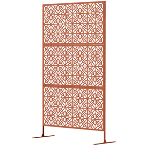 Metal Outdoor Privacy Screen, 78"H x 48"W Decorative Outdoor Divider with Stand, Freestanding Privacy Panel with Diamond Hollow Design for Garden, Patio, Backyard, Brown