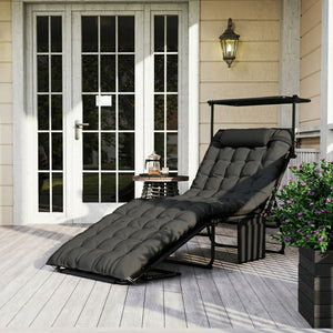 Folding Chaise Lounge Chair with Cushion and Adjustable Sun Shade, 4-Position Adjustable Outdoor Lounge Chair with Headrest, Sun Lounger with Cushion for Porch, Dark Grey