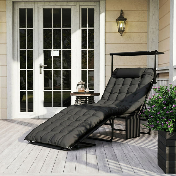Folding Chaise Lounge Chair with Cushion and Adjustable Sun Shade, 4-Position Adjustable Outdoor Lounge Chair with Headrest, Sun Lounger with Cushion for Porch, Dark Grey