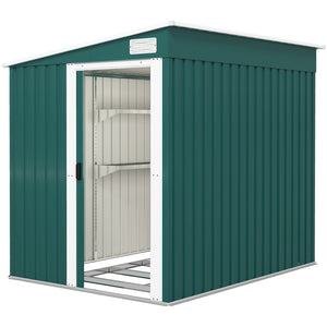 7 x 5FT Galvanised Metal Garden Shed with Foundation, Lean to Shed, Tool Storage House with Sliding Doors, 2 Vents, Adjustable Shelves and Hooks, Green