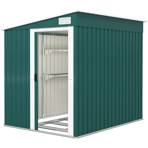 7 x 5FT Galvanised Metal Garden Shed with Foundation, Lean to Shed, Tool Storage House with Sliding Doors, 2 Vents, Adjustable Shelves and Hooks, Green
