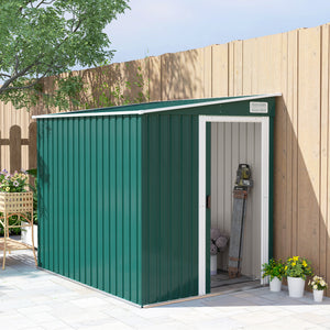 7 x 5FT Galvanised Metal Garden Shed with Foundation, Lean to Shed, Tool Storage House with Sliding Doors, 2 Vents, Adjustable Shelves and Hooks, Green