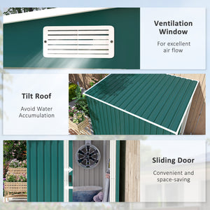 7 x 5FT Galvanised Metal Garden Shed with Foundation, Lean to Shed, Tool Storage House with Sliding Doors, 2 Vents, Adjustable Shelves and Hooks, Green