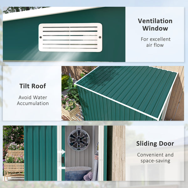 7 x 5FT Galvanised Metal Garden Shed with Foundation, Lean to Shed, Tool Storage House with Sliding Doors, 2 Vents, Adjustable Shelves and Hooks, Green