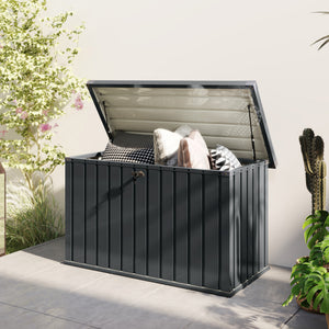 400L Garden Storage Box Waterproof Metal Outdoor Storage Box with Lockable Lid, Storage Container Furniture Deck Box, 124 x 66 x 72 cm, Dark Grey