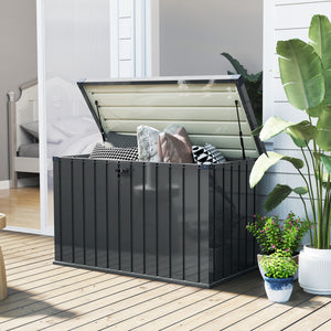400L Garden Storage Box Waterproof Metal Outdoor Storage Box with Lockable Lid, Storage Container Furniture Deck Box, 124 x 66 x 72 cm, Dark Grey