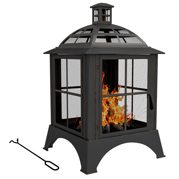 28" Fire Pit with Chimney Style, Outdoor Wood Burning Firepit with Spark Guard and Poker, Steel, Black