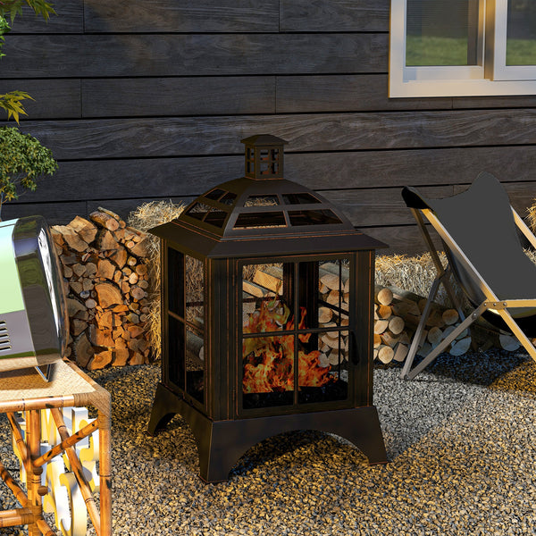 28" Fire Pit with Chimney Style, Outdoor Wood Burning Firepit with Spark Guard and Poker, Steel, Black
