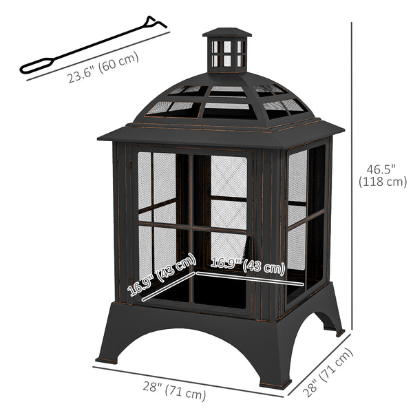 28" Fire Pit with Chimney Style, Outdoor Wood Burning Firepit with Spark Guard and Poker, Steel, Black