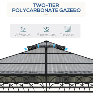 3 x 3 (m) Outdoor Polycarbonate Gazebo, Double Roof Hard Top Gazebo with Galvanised Steel Frame, Nettings & Curtains for Garden, Lawn, Patio and Deck, Khaki