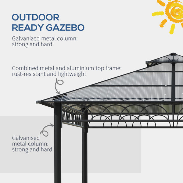 3 x 3 (m) Outdoor Polycarbonate Gazebo, Double Roof Hard Top Gazebo with Galvanised Steel Frame, Nettings & Curtains for Garden, Lawn, Patio and Deck, Khaki