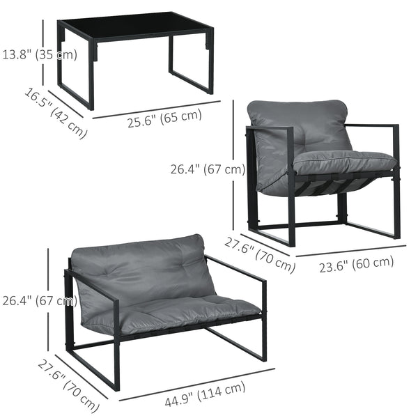 4 Piece Patio Furniture Set, Outdoor Conversation Set with Tempered Glass Table, Sofa, 2 Chairs and Cushions, Grey