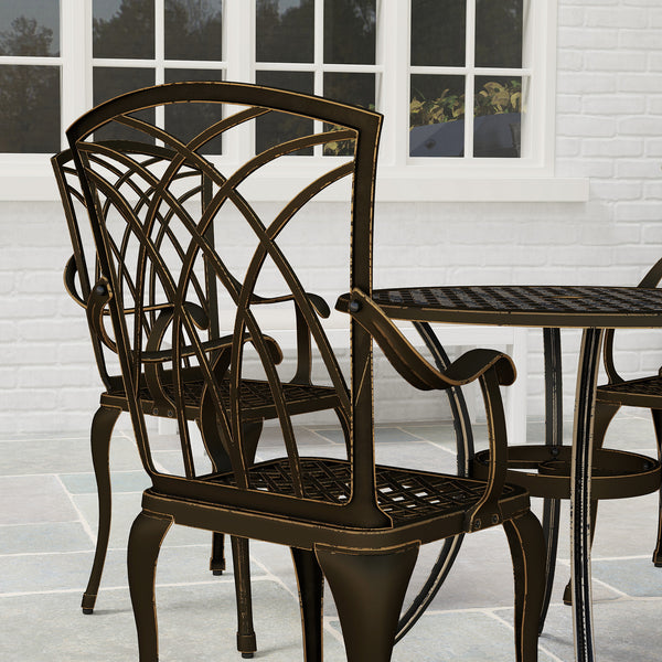 5 Pieces Garden Dining Set for 4, Cast Aluminium Outdoor Dining Set with 4 Armchairs and Round Dining Table with Parasol Hole, Garden Furniture Set, Bronze Tone