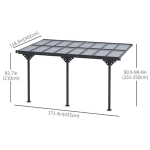 14' x 10' Outdoor Lean to Hardtop Pergola with Polycarbonate Roof, Wall Mounted Gazebo with Adjustable Height, Aluminum Frame, and UV Protection, Grey
