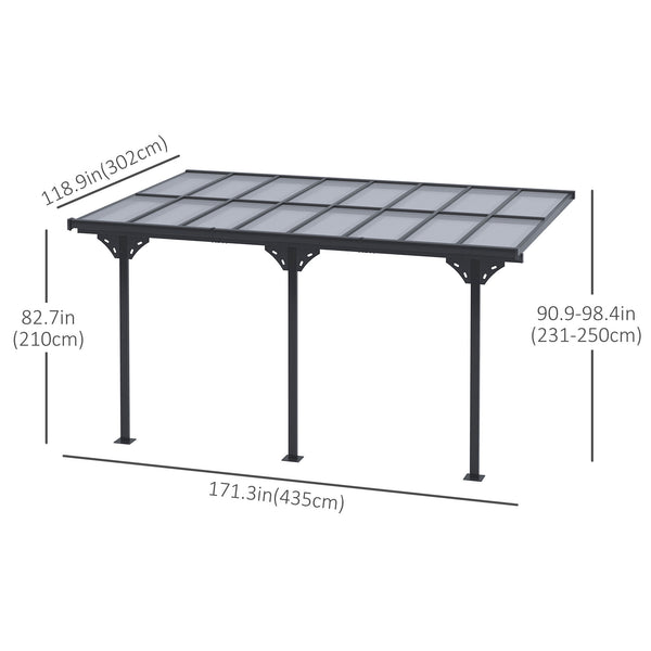 14' x 10' Outdoor Lean to Hardtop Pergola with Polycarbonate Roof, Wall Mounted Gazebo with Adjustable Height, Aluminum Frame, and UV Protection, Grey