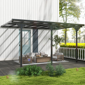 14' x 10' Outdoor Lean to Hardtop Pergola with Polycarbonate Roof, Wall Mounted Gazebo with Adjustable Height, Aluminum Frame, and UV Protection, Grey