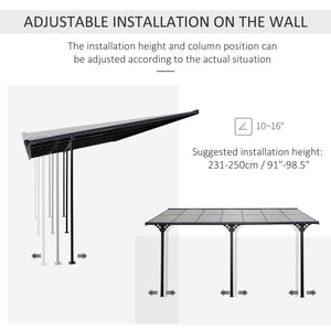 14' x 10' Outdoor Lean to Hardtop Pergola with Polycarbonate Roof, Wall Mounted Gazebo with Adjustable Height, Aluminum Frame, and UV Protection, Grey