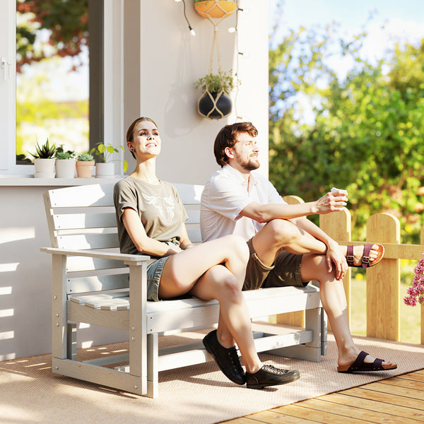 2-Person Outdoor Glider Bench Patio Double Swing Rocking Chair Loveseat w/ Slatted HDPE Frame for Backyard Garden Porch, Distressed White
