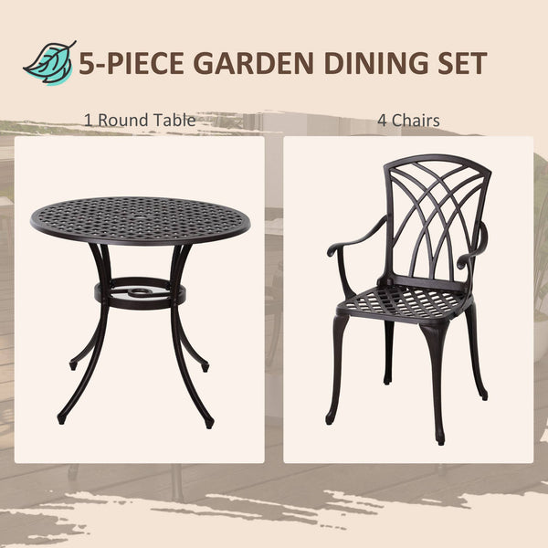 5 Pieces Garden Dining Set for 4, Cast Aluminium Outdoor Dining Set with 4 Armchairs and Round Dining Table with Parasol Hole, Garden Furniture Set, Brown
