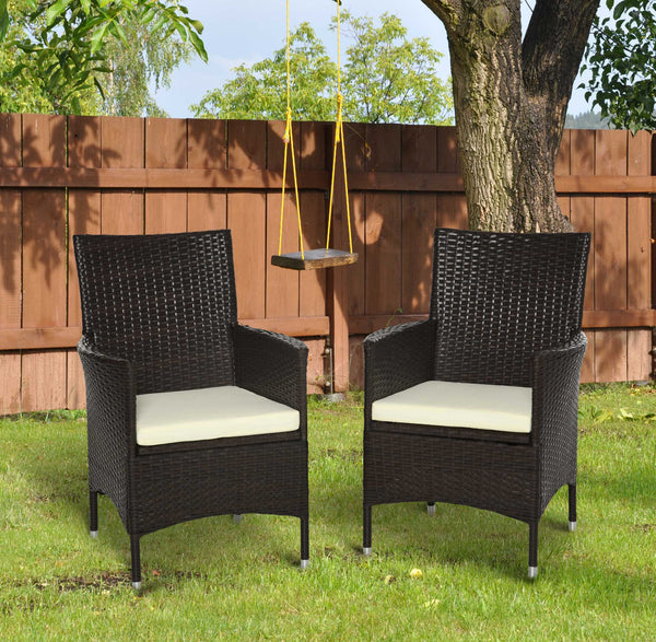 2 Pieces Outdoor PE Rattan Dining Chairs Set with Cushion, Garden Armchair with Armrests, High Backrest, Metal Frame Patio Wicker Furniture, Coffee