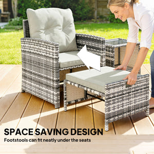 5 Piece Patio Furniture Set, Wicker Patio Chairs with Ottomans, 2-Tier Glass Coffee Table, Cushions, Outdoor Patio Furniture Conversation Set for Balcony, Grey/Cream White