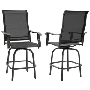 Outdoor Swivel Bar Stools Set of 2, 2 Piece Bar Height Patio Chairs with High Back, Curved Armrests and Steel Frame for Balcony, Poolside, Backyard, Black